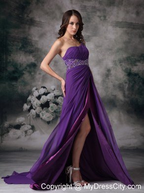 High-slit Purple Empire One Shoulder Celebrity Dress Chiffon Beading