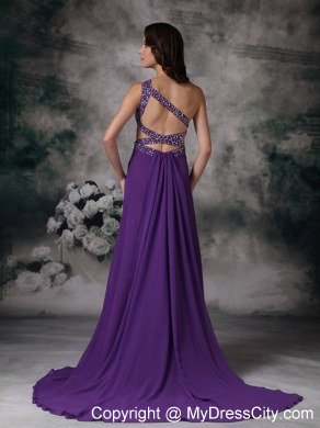 High-slit Purple Empire One Shoulder Celebrity Dress Chiffon Beading