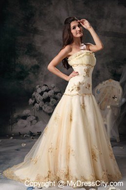 Embroidery A-Line Celebrity Dress Strapless Organza Brush Train Champagne