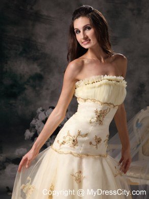 Embroidery A-Line Celebrity Dress Strapless Organza Brush Train Champagne