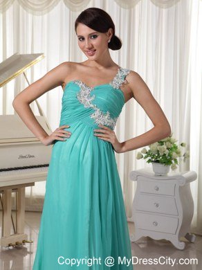 Turquoise Appliques One High Slit Chiffon and Celebrity Dress Brush Train