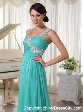 Turquoise Appliques One High Slit Chiffon and Celebrity Dress Brush Train