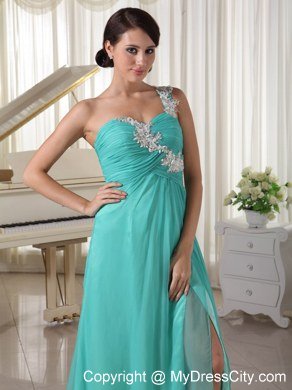 Turquoise Appliques One High Slit Chiffon and Celebrity Dress Brush Train