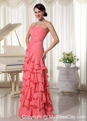 Watermelon Chiffon Layered Column Celebrity Dress With Ruche Beading