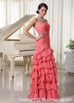 Watermelon Chiffon Layered Column Celebrity Dress With Ruche Beading