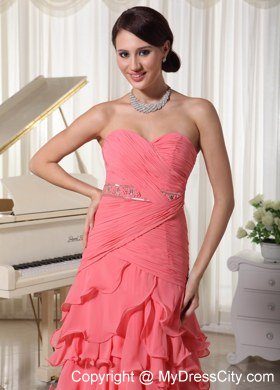 Watermelon Chiffon Layered Column Celebrity Dress With Ruche Beading