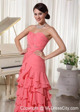 Watermelon Chiffon Layered Column Celebrity Dress With Ruche Beading