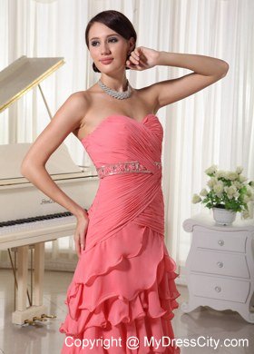 Watermelon Chiffon Layered Column Celebrity Dress With Ruche Beading