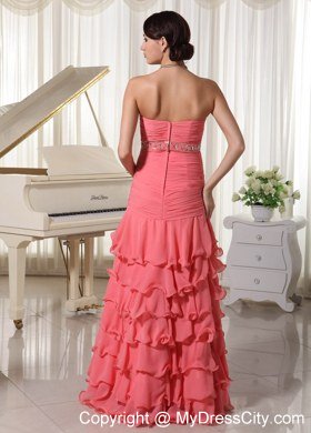 Watermelon Chiffon Layered Column Celebrity Dress With Ruche Beading