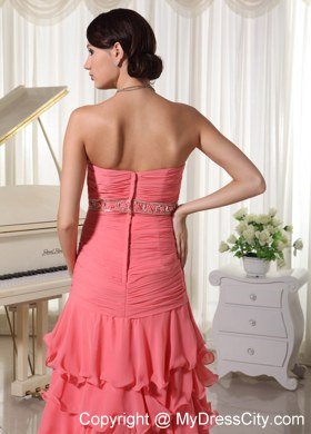 Watermelon Chiffon Layered Column Celebrity Dress With Ruche Beading