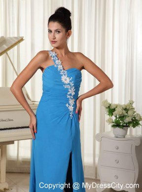 High Slit Celebrity Dress Appliques Decorate One Shoulder Sky Blue