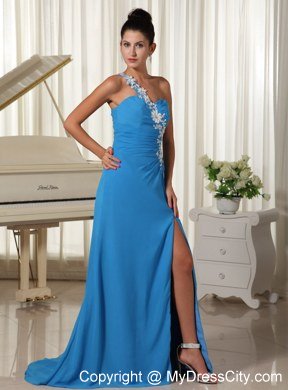 High Slit Celebrity Dress Appliques Decorate One Shoulder Sky Blue