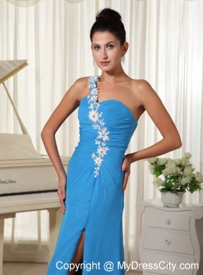 High Slit Celebrity Dress Appliques Decorate One Shoulder Sky Blue