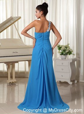 High Slit Celebrity Dress Appliques Decorate One Shoulder Sky Blue