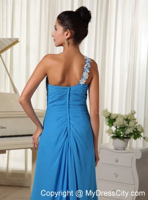 High Slit Celebrity Dress Appliques Decorate One Shoulder Sky Blue