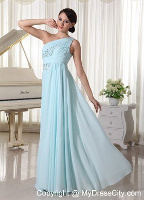 Ruching One Shoulder Chiffon Beaded Light Blue Watteau train Prom Dress