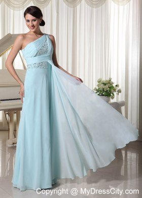 Ruching One Shoulder Chiffon Beaded Light Blue Watteau train Prom Dress