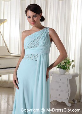 Ruching One Shoulder Chiffon Beaded Light Blue Watteau train Prom Dress