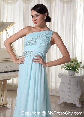 Ruching One Shoulder Chiffon Beaded Light Blue Watteau train Prom Dress