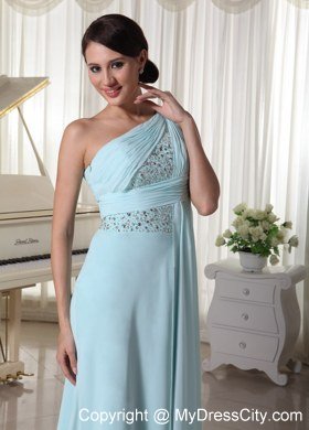 Ruching One Shoulder Chiffon Beaded Light Blue Watteau train Prom Dress