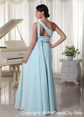 Ruching One Shoulder Chiffon Beaded Light Blue Watteau train Prom Dress