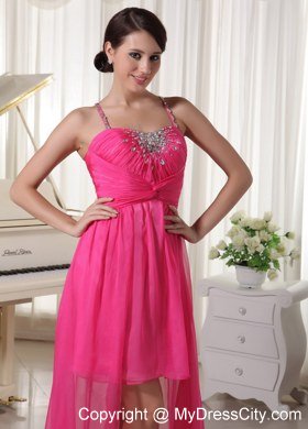 Beading Spaghetti Straps Hot Pink High-low Celebrity Dresses Chiffon