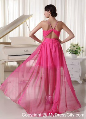 Beading Spaghetti Straps Hot Pink High-low Celebrity Dresses Chiffon