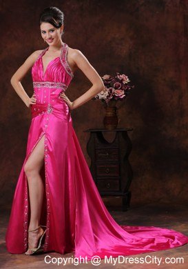 Beaded Halter High Slit Hot Pink Celebrity Dress Ruche With Brush Train