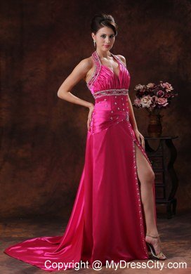 Beaded Halter High Slit Hot Pink Celebrity Dress Ruche With Brush Train