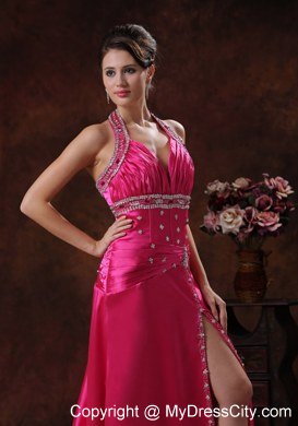 Beaded Halter High Slit Hot Pink Celebrity Dress Ruche With Brush Train