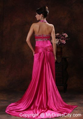 Beaded Halter High Slit Hot Pink Celebrity Dress Ruche With Brush Train