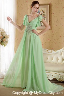 Short Sleeves Apple Green V-neck Court Train Celebrity Dress Chiffon Beading