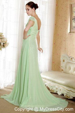 Short Sleeves Apple Green V-neck Court Train Celebrity Dress Chiffon Beading