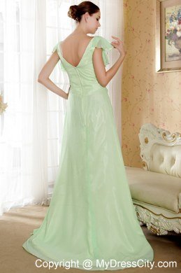 Short Sleeves Apple Green V-neck Court Train Celebrity Dress Chiffon Beading