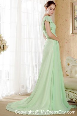 Short Sleeves Apple Green V-neck Court Train Celebrity Dress Chiffon Beading