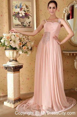 Empire Straps Baby Pink Court Train Beading and Ruche Celebrity Dress