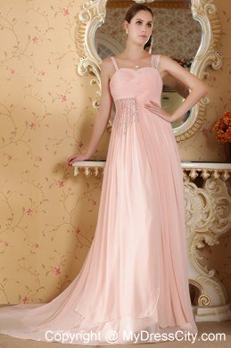 Empire Straps Baby Pink Court Train Beading and Ruche Celebrity Dress