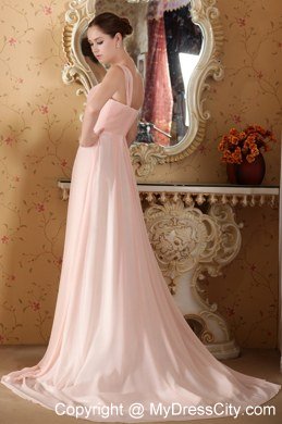 Empire Straps Baby Pink Court Train Beading and Ruche Celebrity Dress