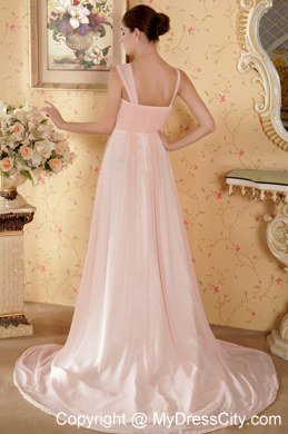 Empire Straps Baby Pink Court Train Beading and Ruche Celebrity Dress