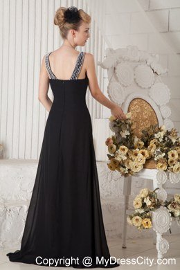 Black Column Beaded Bateau Celebrity Dress Brush Train Chiffon with Slit