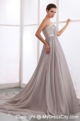 Grey A-line Beading Celebrity Dress with Court Train Chiffon Ruching