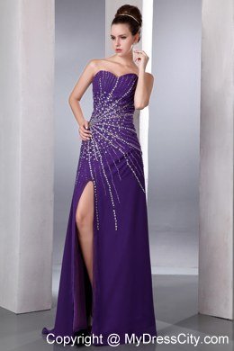 Purple Column Sweetheart Chiffon Beading Celebrity Dress with High Slit