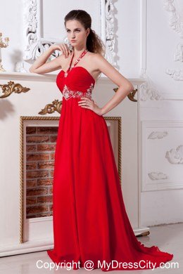 Beaded Halter Sweetheart Red Empire Brush Train Celebrity Dress Chiffon