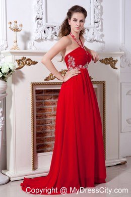 Beaded Halter Sweetheart Red Empire Brush Train Celebrity Dress Chiffon