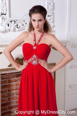 Beaded Halter Sweetheart Red Empire Brush Train Celebrity Dress Chiffon