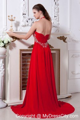 Beaded Halter Sweetheart Red Empire Brush Train Celebrity Dress Chiffon