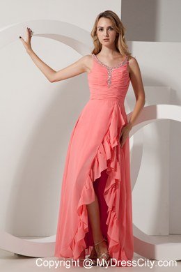 V-neck Straps Watermelon Chiffon Beading Side slit Celebrity Dress