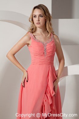 V-neck Straps Watermelon Chiffon Beading Side slit Celebrity Dress