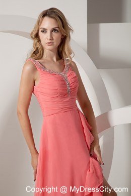 V-neck Straps Watermelon Chiffon Beading Side slit Celebrity Dress