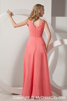 V-neck Straps Watermelon Chiffon Beading Side slit Celebrity Dress